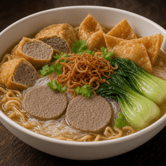Foto semangkuk bakso gepeng campur: irisan bakso gepeng, tahu bakso, pangsit goreng, mi, bihun, sawi dan bawang goreng