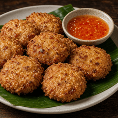 Foto bakso gepeng goreng renyah di atas daun pisang dengan semangkuk saus sambal