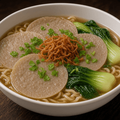 Foto semangkuk besar bakso gepeng lebar dengan mi, sawi dan bawang goreng