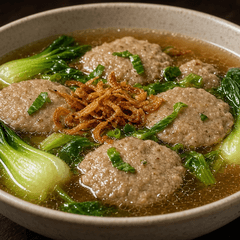 Foto bakso gepeng dalam kuah bening dengan sawi hijau, daun bawang dan bawang goreng
